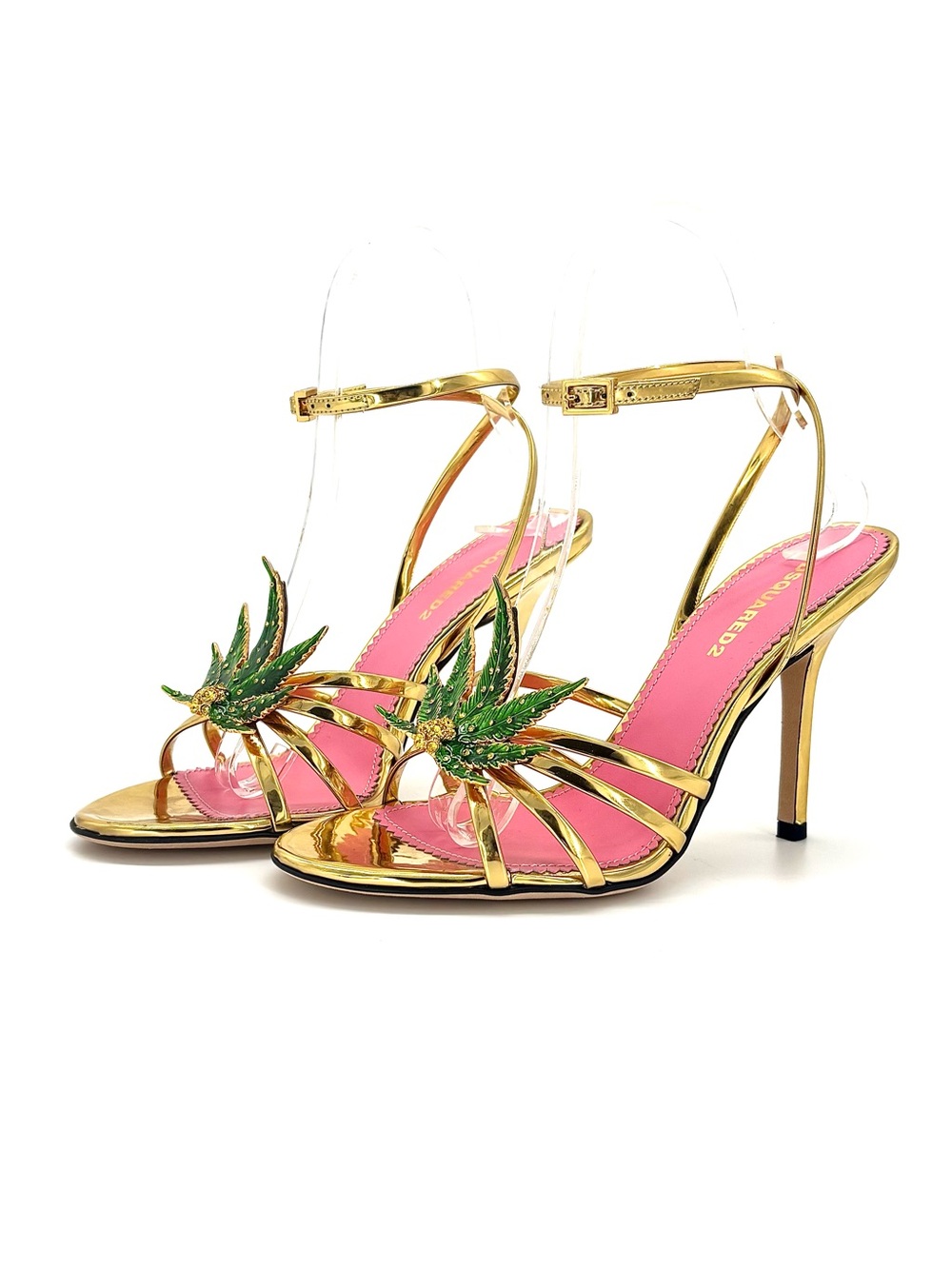 Dsquared2 Marija Gold Mirror Patent Leather Leaf Ankle Strap Sandals 36